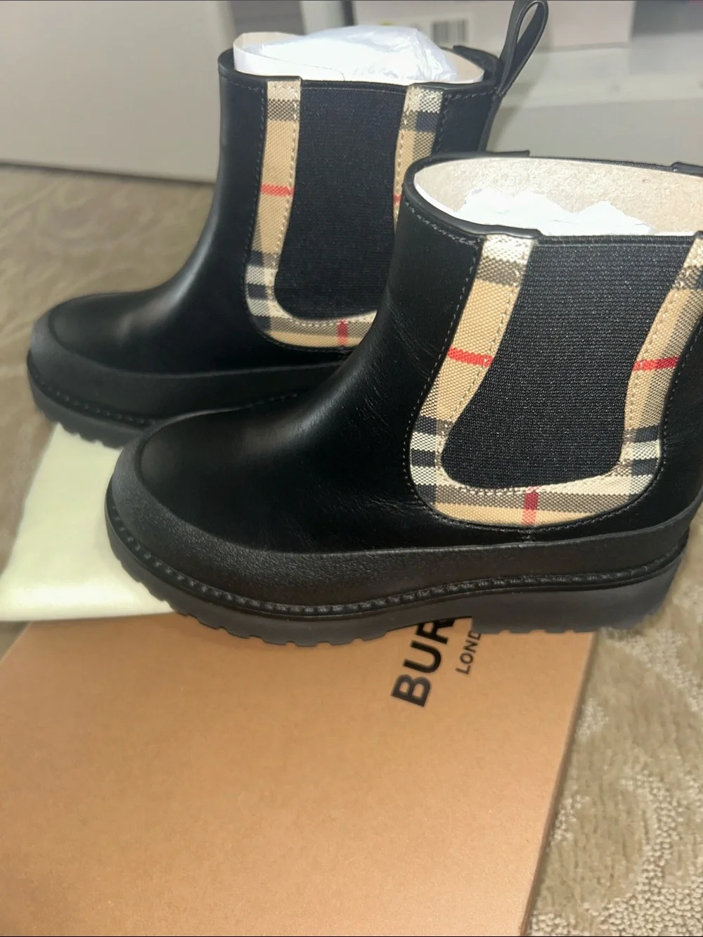 Burberry Black Chelsea Booties with Iconic Beige Check Trim